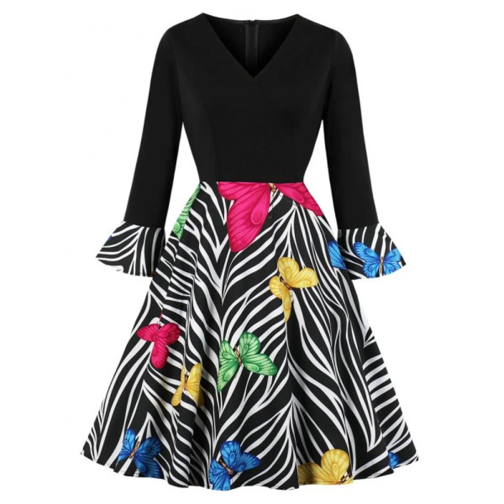 V Neck Butterfly Zebra Print Fit and Flare Dress - Black Fansmadedirect