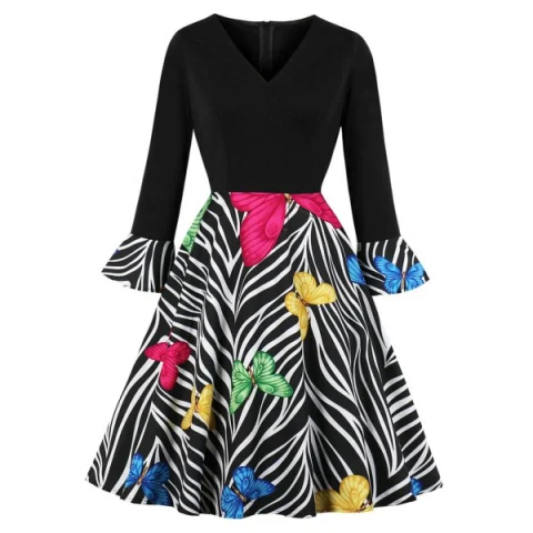 V Neck Butterfly Zebra Print Fit and Flare Dress - Black Fansmadedirect