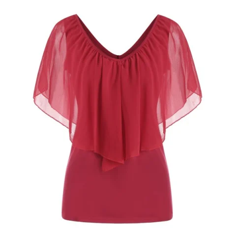 V Neck Chiffon Flounce Sleeveless Tee - Red Wine Fansmadedirect