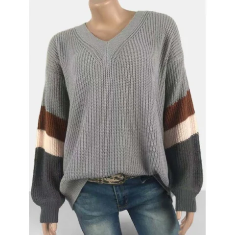 V Neck Contrast Casual weater - Gray Fansmadedirect