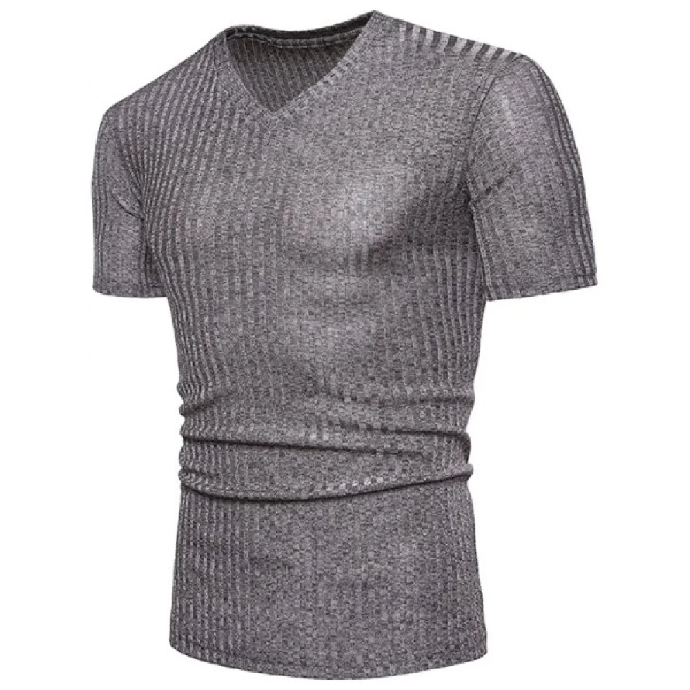 V-Neck Design Solid Color Casual T-shirt - Light Gray Fansmadedirect