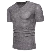 V-Neck Design Solid Color Casual T-shirt - Light Gray Fansmadedirect