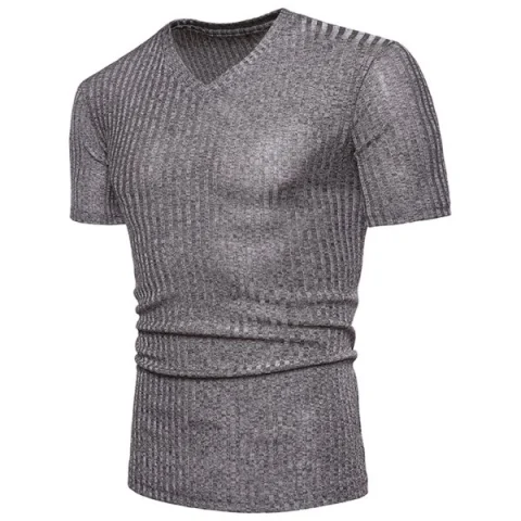 V-Neck Design Solid Color Casual T-shirt - Light Gray Fansmadedirect