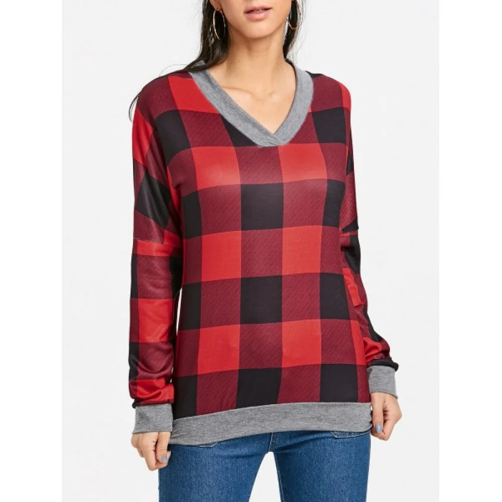 V Neck Drop Shoulder Plaid T-shirt - Red Fansmadedirect
