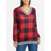 V Neck Drop Shoulder Plaid T-shirt - Red Fansmadedirect