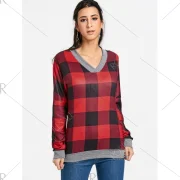V Neck Drop Shoulder Plaid T-shirt - Red Fansmadedirect
