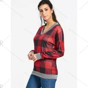 V Neck Drop Shoulder Plaid T-shirt - Red Fansmadedirect