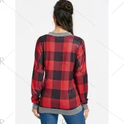 V Neck Drop Shoulder Plaid T-shirt - Red Fansmadedirect