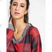 V Neck Drop Shoulder Plaid T-shirt - Red Fansmadedirect