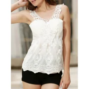 V Neck Embroidered Lace Tank Top - Off-white Fansmadedirect