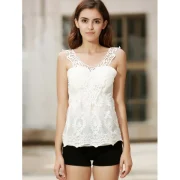 V Neck Embroidered Lace Tank Top - Off-white Fansmadedirect