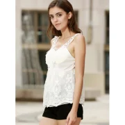 V Neck Embroidered Lace Tank Top - Off-white Fansmadedirect