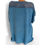 V Neck Fishnet Panel Broderie Anglaise Blouse - Blue Koi Fansmadedirect