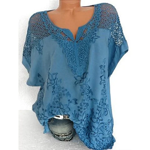 V Neck Fishnet Panel Broderie Anglaise Blouse - Blue Koi Fansmadedirect