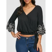 V Neck Flare Sleeve Embroidery Blouse - Black Fansmadedirect