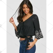 V Neck Flare Sleeve Embroidery Blouse - Black Fansmadedirect