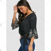 V Neck Flare Sleeve Embroidery Blouse - Black Fansmadedirect