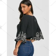 V Neck Flare Sleeve Embroidery Blouse - Black Fansmadedirect