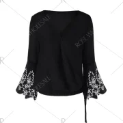 V Neck Flare Sleeve Embroidery Blouse - Black Fansmadedirect
