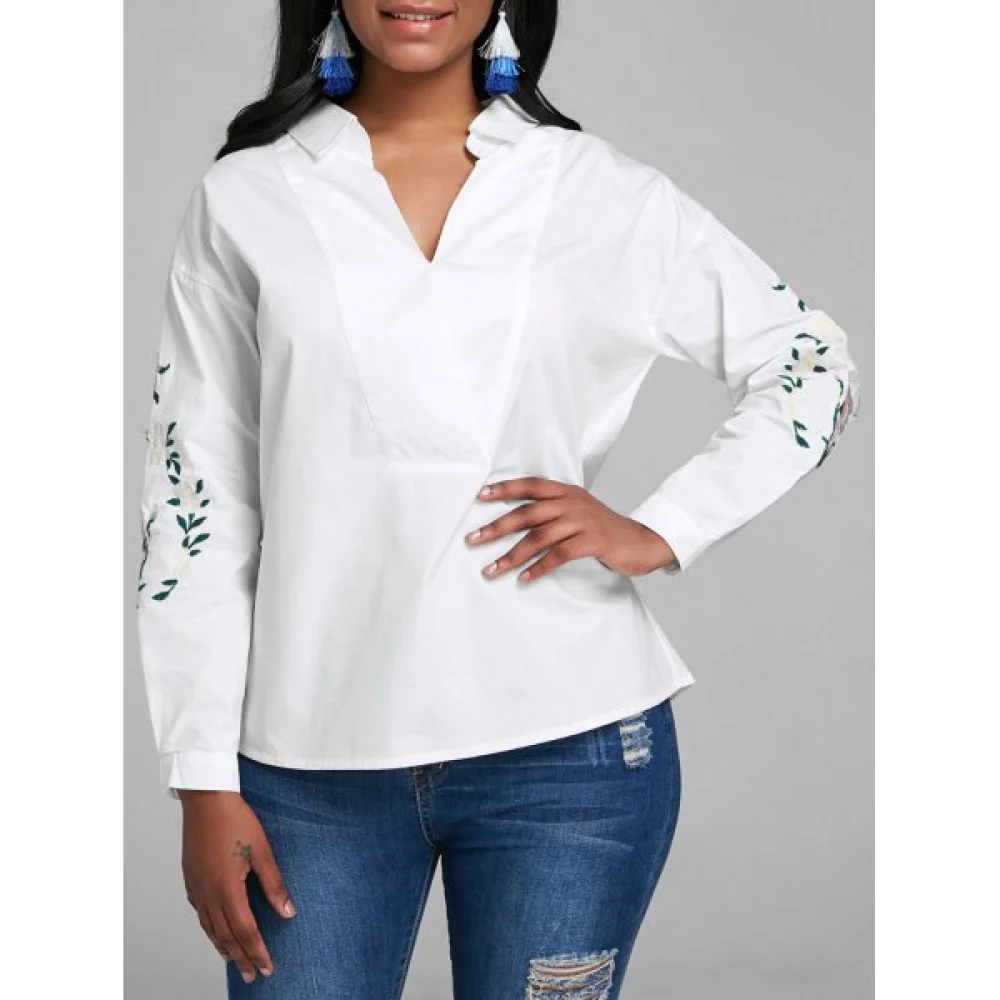 V Neck Floral Embroidered Blouse - White Fansmadedirect