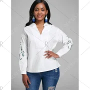 V Neck Floral Embroidered Blouse - White Fansmadedirect
