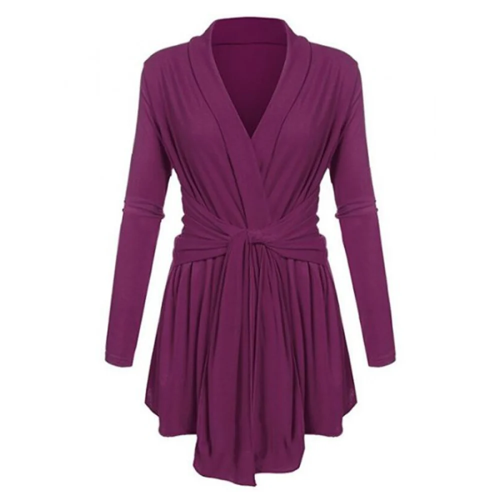 V Neck Knotted Solid Long Sleeves Tee - Purple Fansmadedirect