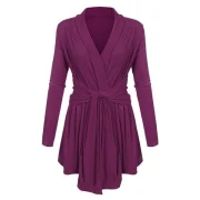 V Neck Knotted Solid Long Sleeves Tee - Purple Fansmadedirect