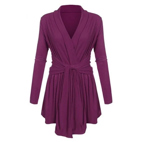 V Neck Knotted Solid Long Sleeves Tee - Purple Fansmadedirect