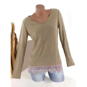V Neck Lace Hem Ribbed Tunic Knitwear - Light Khaki Fansmadedirect