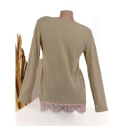 V Neck Lace Hem Ribbed Tunic Knitwear - Light Khaki Fansmadedirect