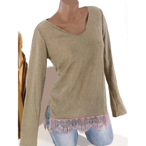 V Neck Lace Hem Ribbed Tunic Knitwear - Light Khaki Fansmadedirect
