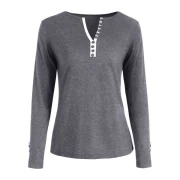 V Neck Long leeve Button Embellished T-shirt - Gray Fansmadedirect