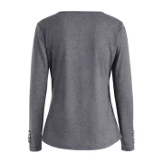 V Neck Long leeve Button Embellished T-shirt - Gray Fansmadedirect
