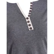 V Neck Long leeve Button Embellished T-shirt - Gray Fansmadedirect