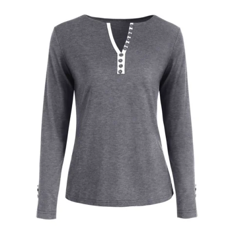 V Neck Long leeve Button Embellished T-shirt - Gray Fansmadedirect