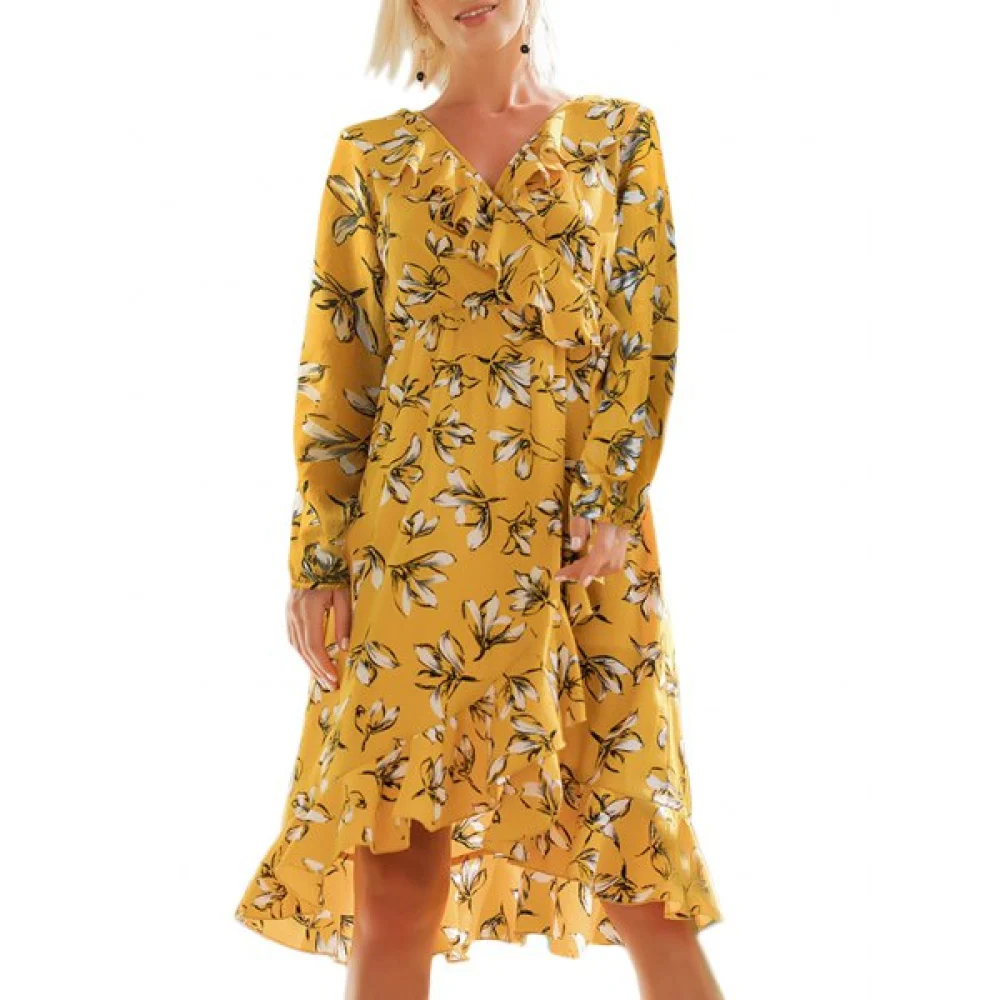 V Neck Long Sleeve Printed Mid-length Dress - Yellow Fansmadedirect
