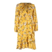 V Neck Long Sleeve Printed Mid-length Dress - Yellow Fansmadedirect