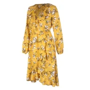 V Neck Long Sleeve Printed Mid-length Dress - Yellow Fansmadedirect