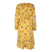 V Neck Long Sleeve Printed Mid-length Dress - Yellow Fansmadedirect