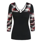 V Neck Plaid Panel Long Sleeve T Shirt - Black Fansmadedirect