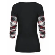 V Neck Plaid Panel Long Sleeve T Shirt - Black Fansmadedirect