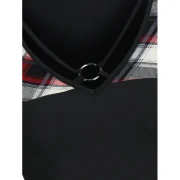 V Neck Plaid Panel Long Sleeve T Shirt - Black Fansmadedirect