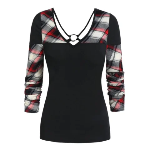V Neck Plaid Panel Long Sleeve T Shirt - Black Fansmadedirect
