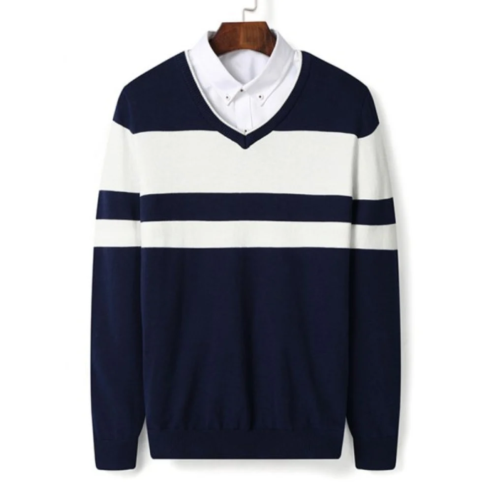 V Neck Stripe Color Block Pullover Sweater - Deep Blue Fansmadedirect
