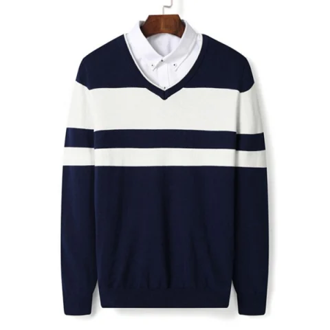 V Neck Stripe Color Block Pullover Sweater - Deep Blue Fansmadedirect
