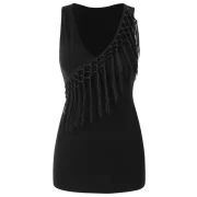 V Neck Tassels Tank Top - Black Fansmadedirect