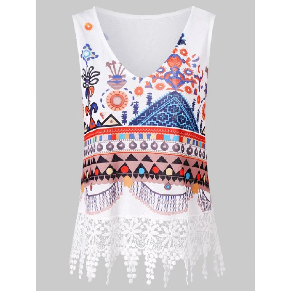 V Neck Tribal Print Tank Top - White Fansmadedirect