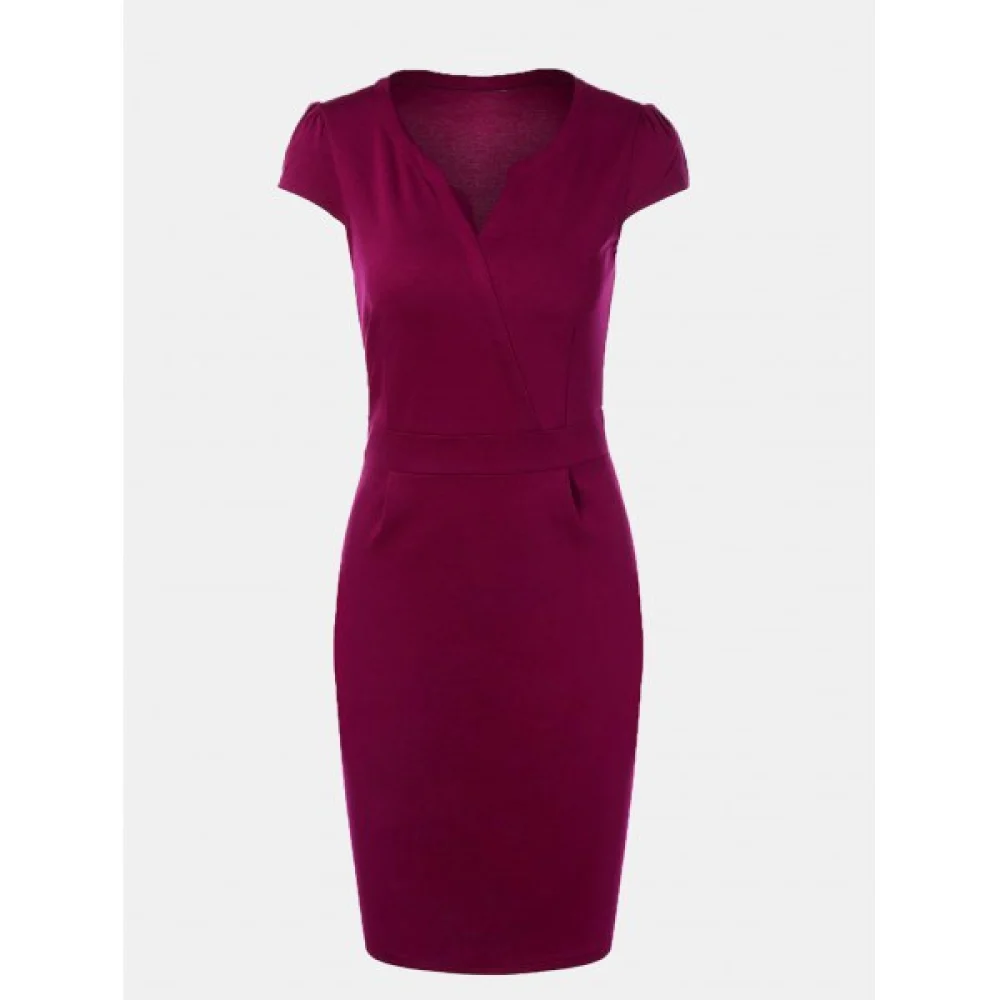 V Neck Wrap houlder leeve lim Pencil Dress - Purple Fansmadedirect