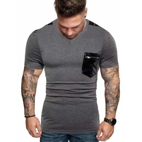 V-neck Zipper False eather Spliced Casual T-shirt - Dark Gray Fansmadedirect