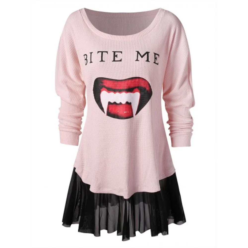 Vampire Print Long leeve Chiffon Brim T-shirt - Light Pink Fansmadedirect